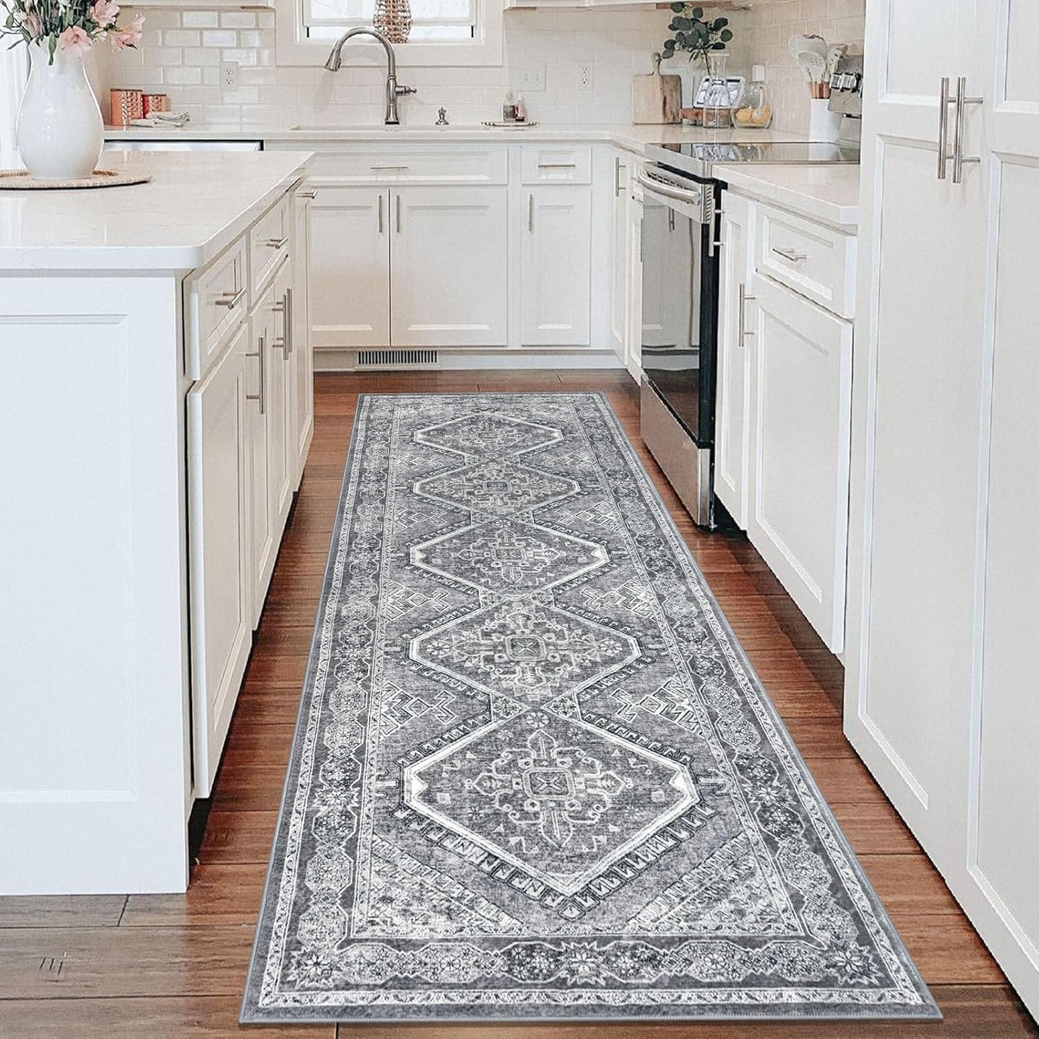 KUTA 3x8 Grey Oriental Area Rug for Vintage Living Spaces