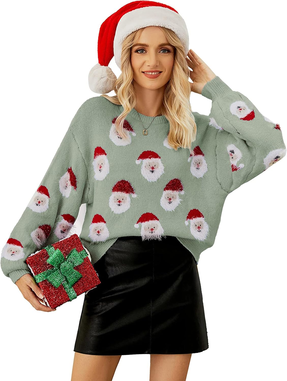 Womens Ugly Christmas Sweater with Funny Santa Design for Parties