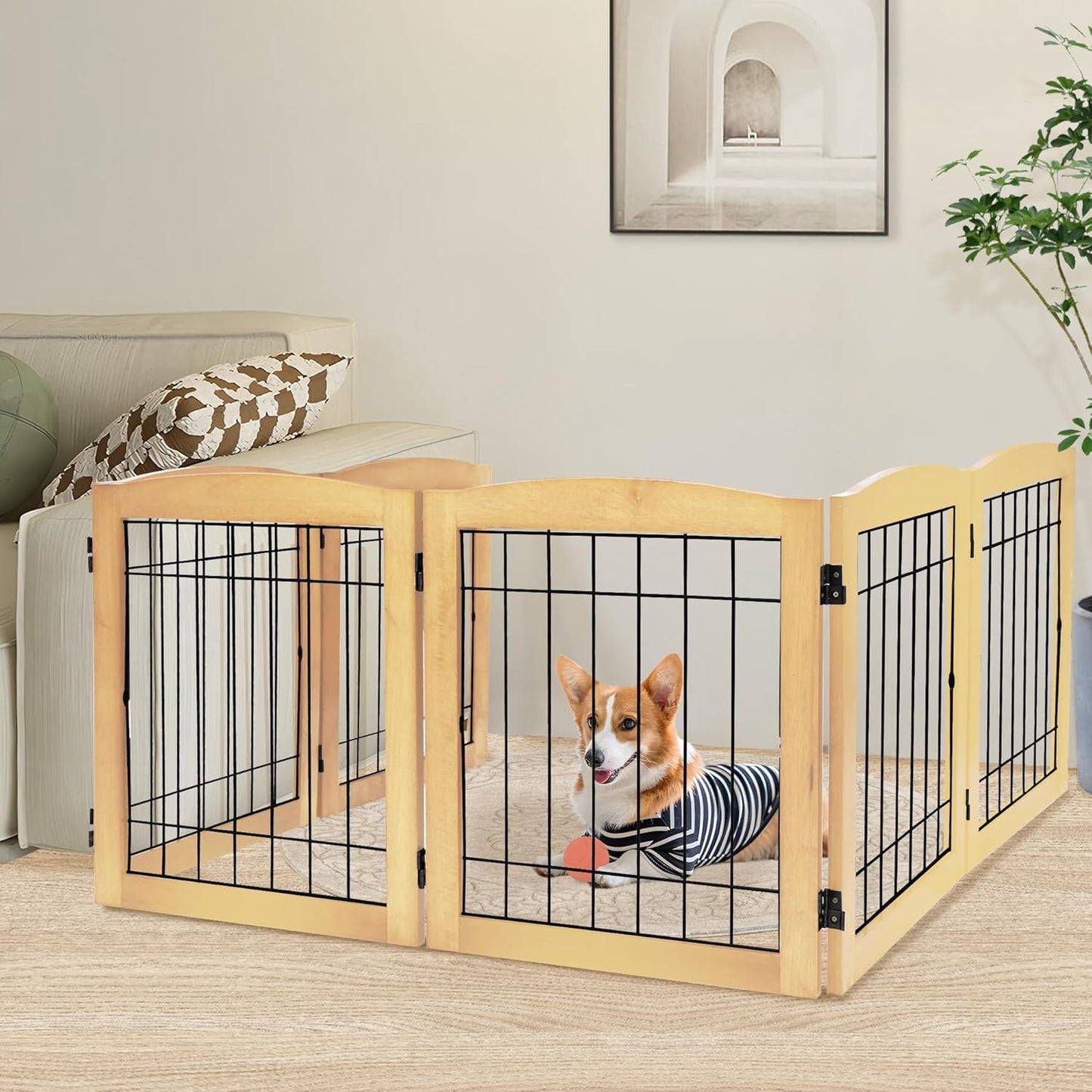 LZRS 6-Panel Extra Wide Wooden Freestanding Dog Gate for Pets