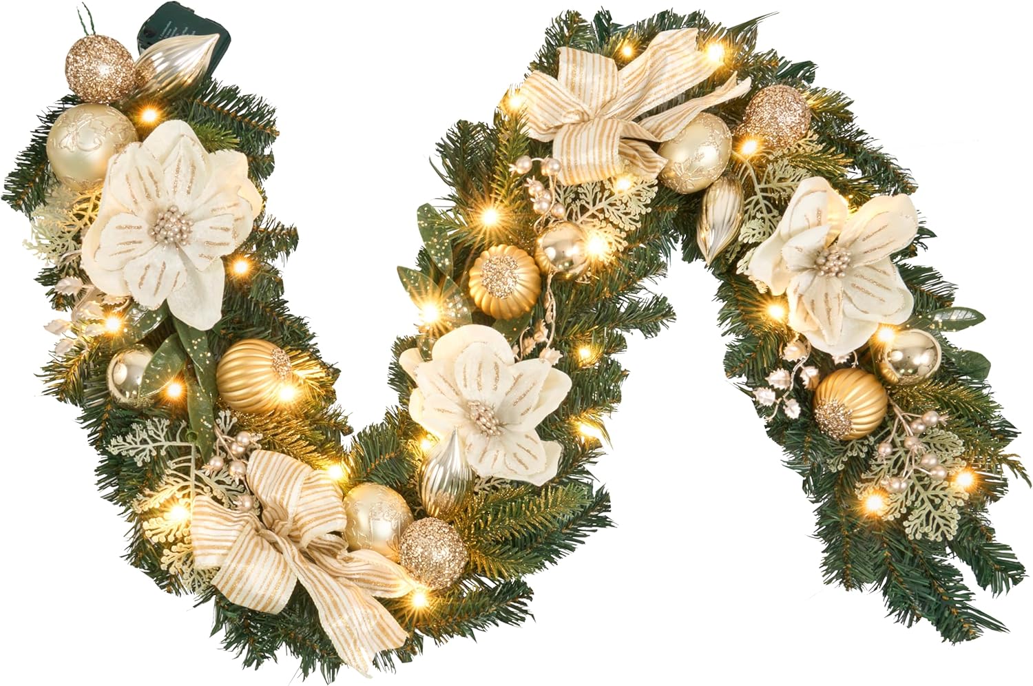 6ft White and Gold Christmas Garland with LED Lights for Decor