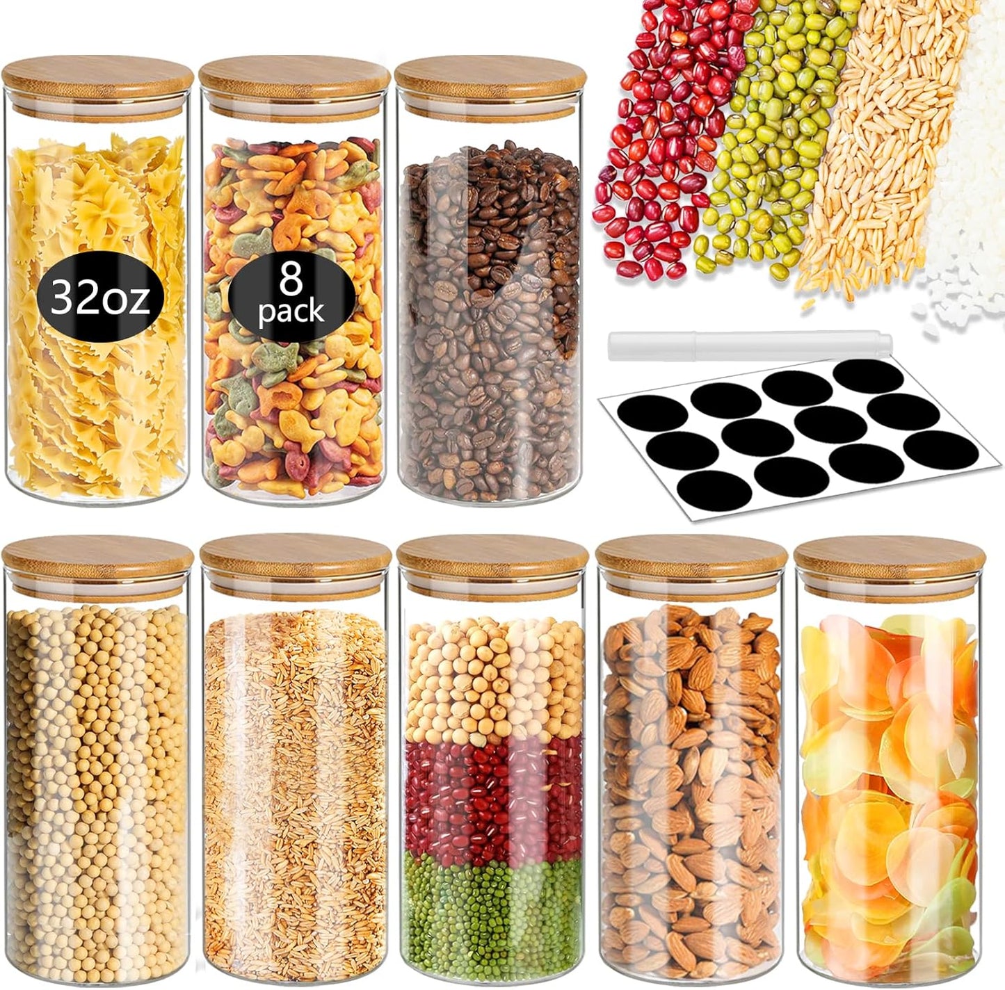 32 oz Glass Jars with Bamboo Lids for Food Storage - 8 pcs Set