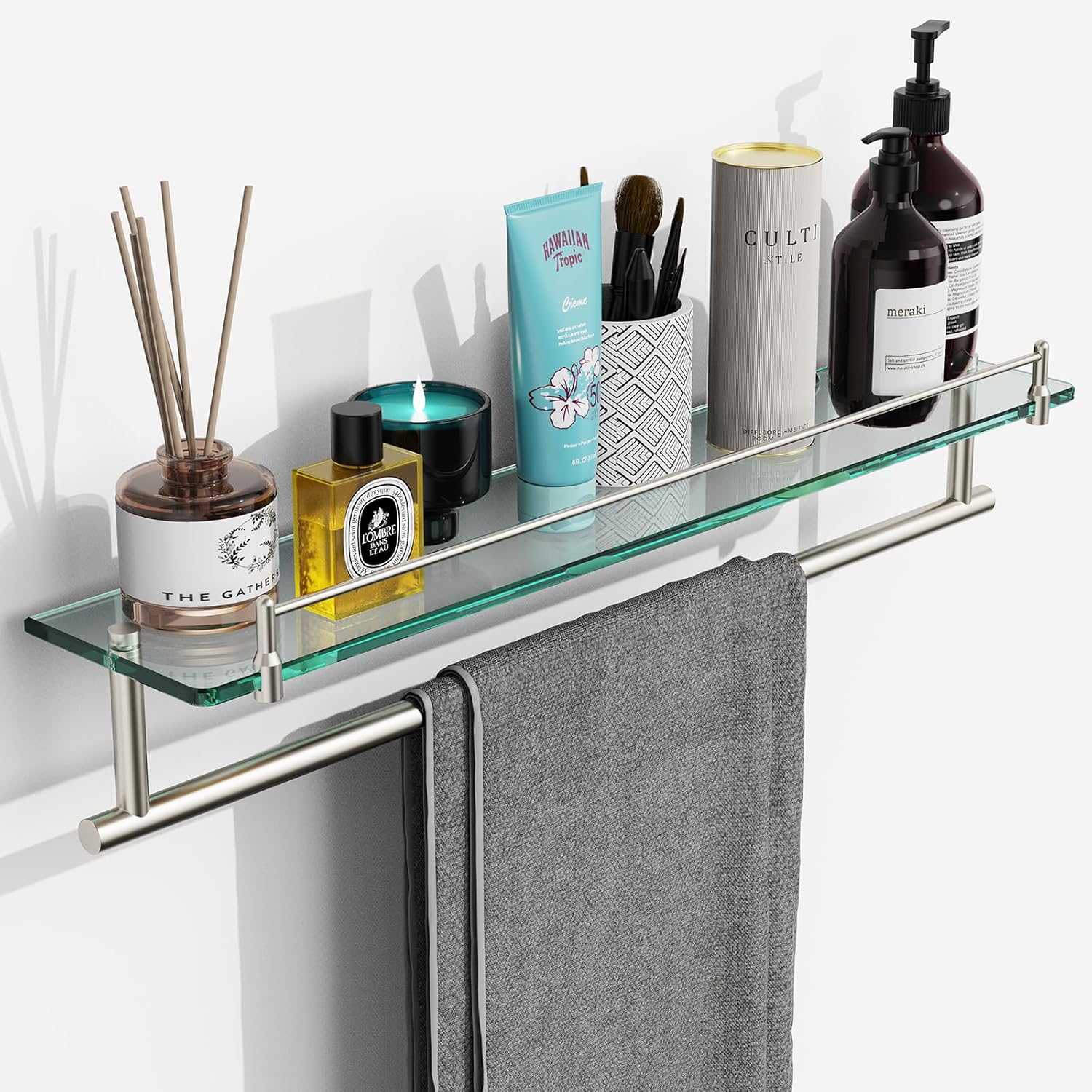 24-Inch Floating Tempered Glass Bathroom Shelf with Towel Bar
