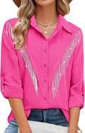 Womens Sparkly Fringe Button Down Shirt Rolled 3/4 Sleeve - Western
