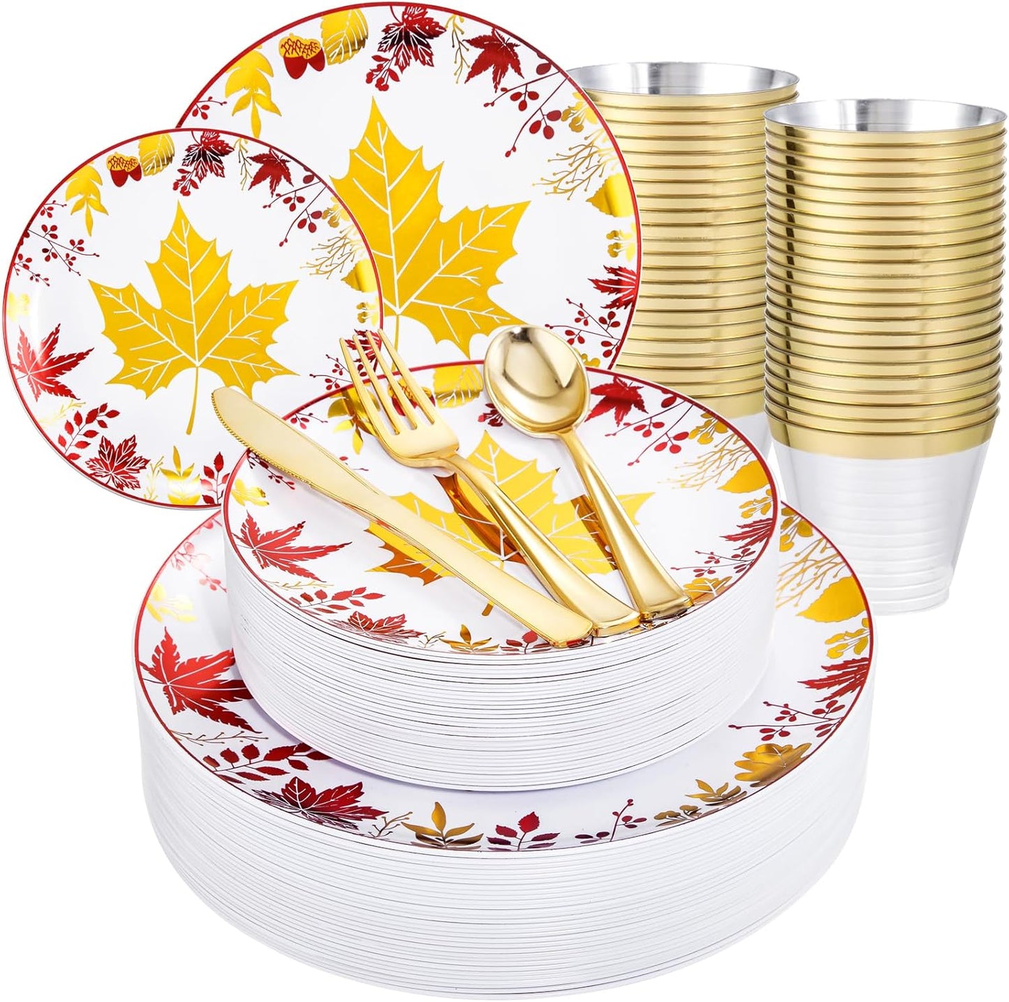 KIRE 150PCS Thanksgiving Plates Dinnerware with Gold Silverware
