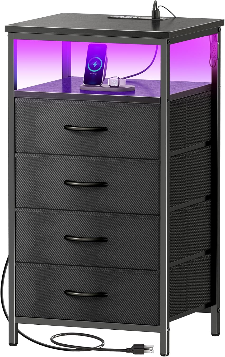 Huuger Night Stand with Charger Station and LED Lights for Bedroom