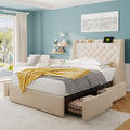 Twin Size Bed Frame with 4 Storage Drawers - Beige Upholstered