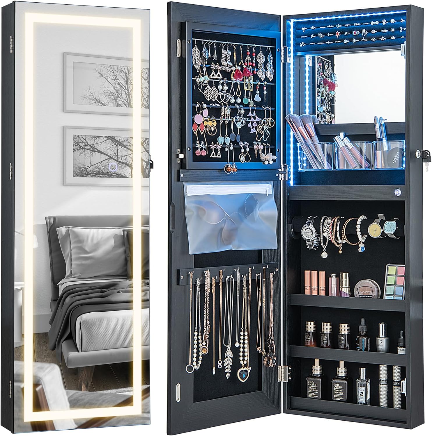 CHARMAID LED Mirror Jewelry Cabinet with Adjustable Lighting