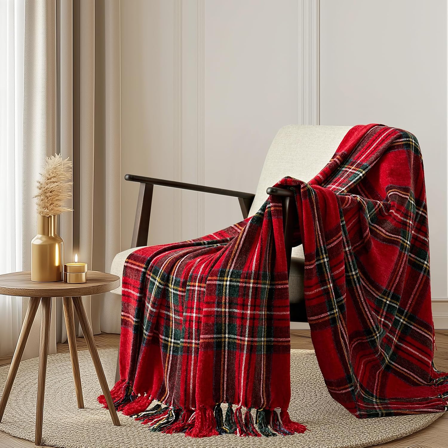 EVERGRACE Stewart Red Christmas Plaid Chenille Throw Blanket