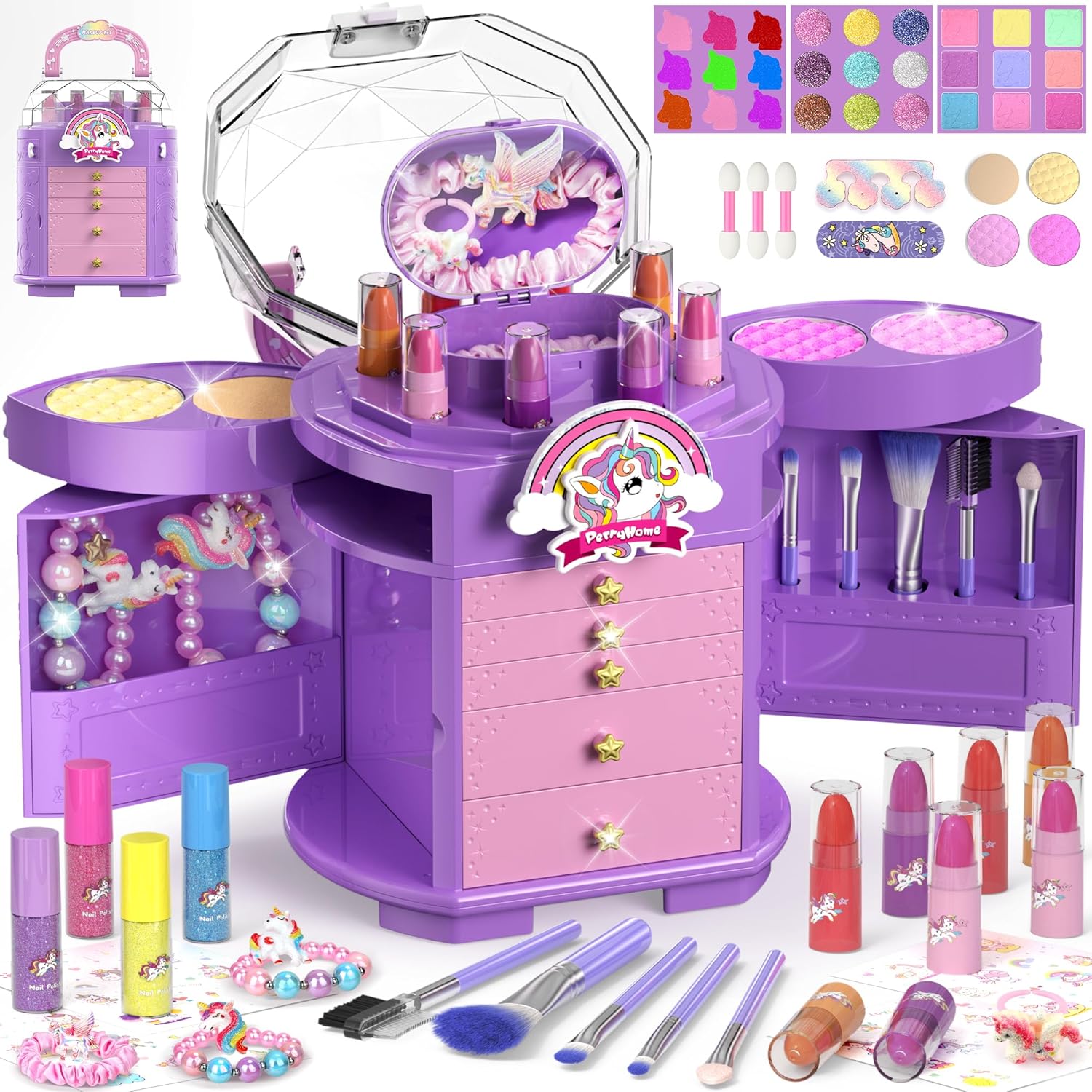 PERRYHOME Kids Makeup Set for Girls - 63 Pcs Unicorn Kit