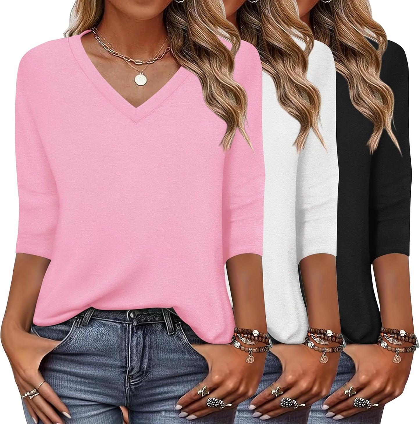 Zeagoo Women's 3/4 Sleeve V Neck T Shirts for Casual Outfits