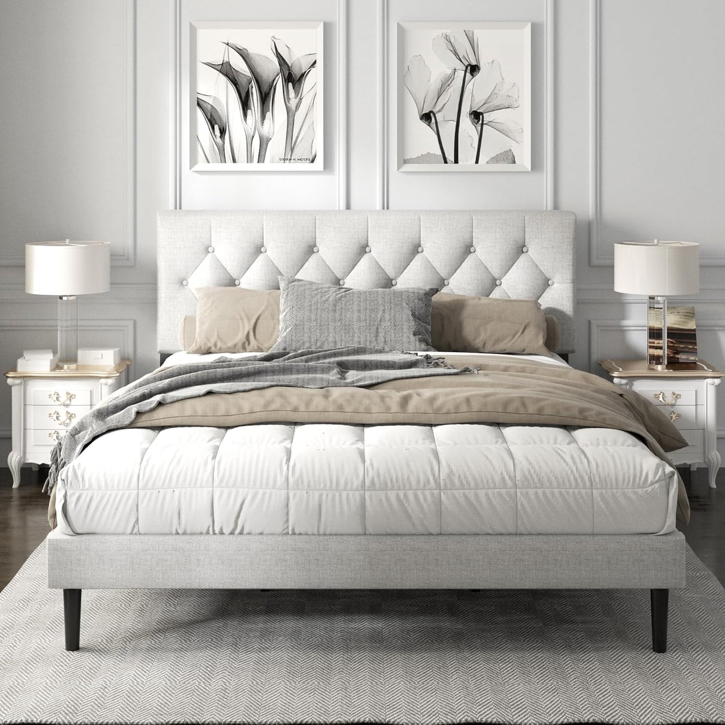 King Size Platform Bed Frame with Upholstered Headboard for Comfort