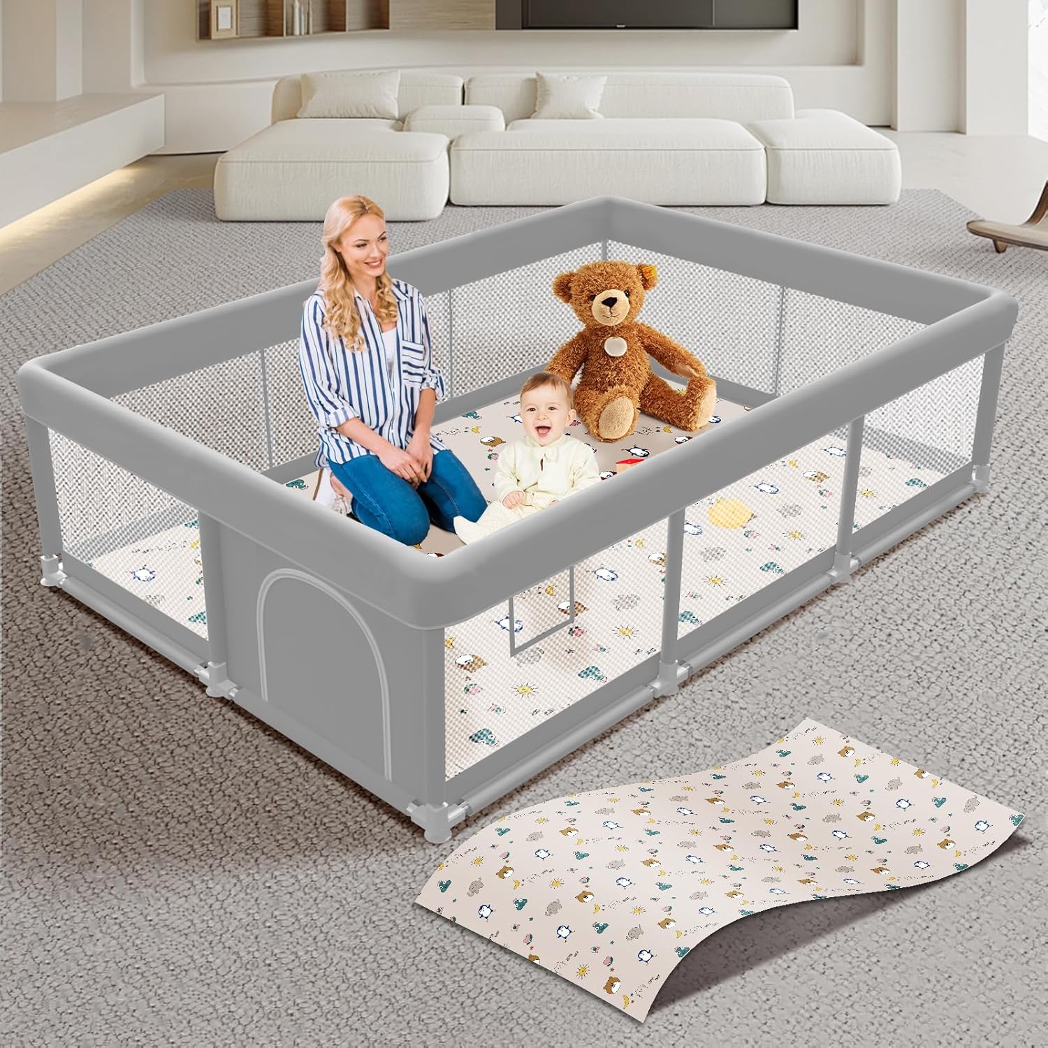 Poudee Baby Playpen with Mat 74x50 inch for Safe Play