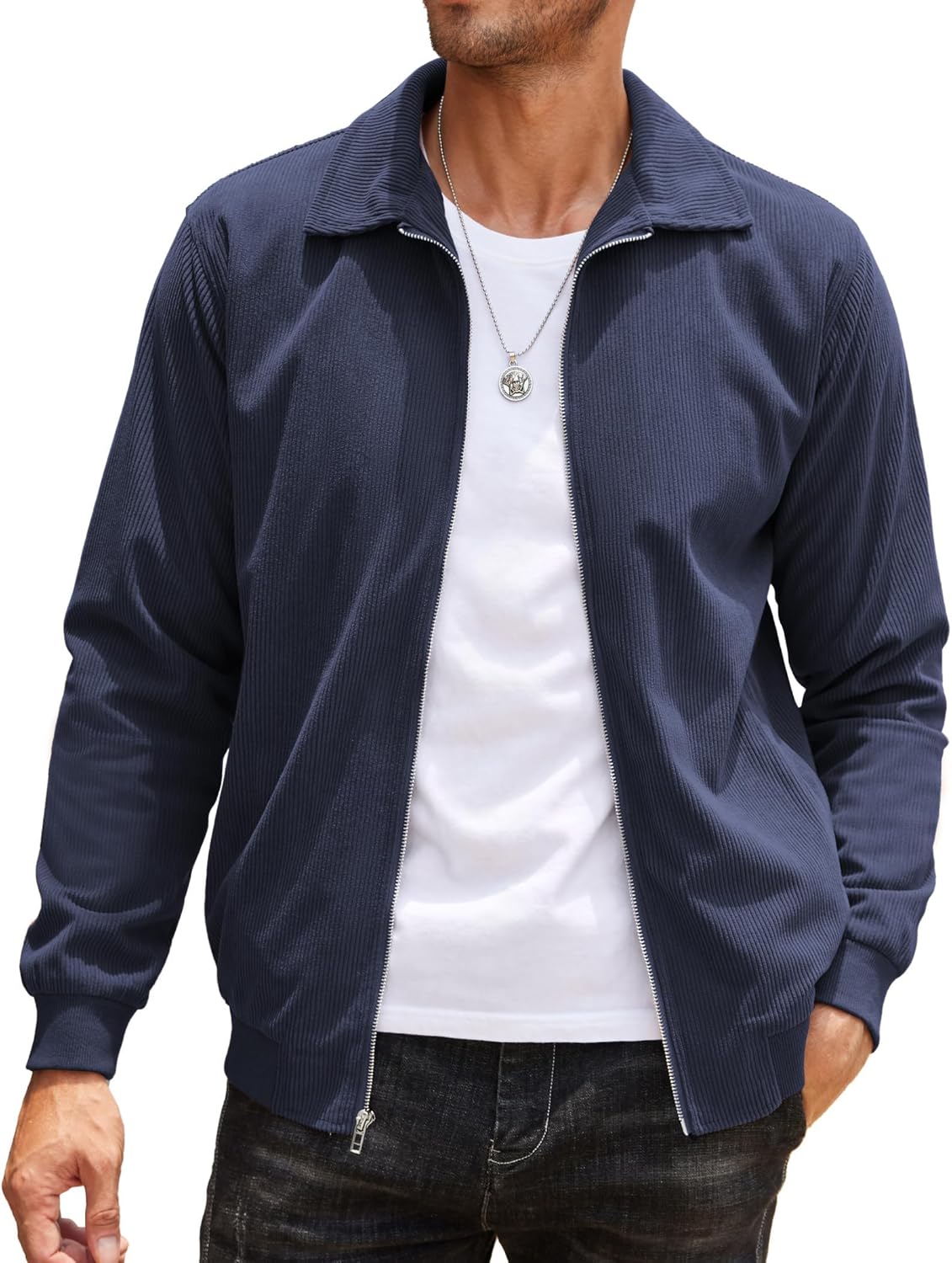 Men's Casual Corduroy Jacket Lightweight Zip Up Vintage Style