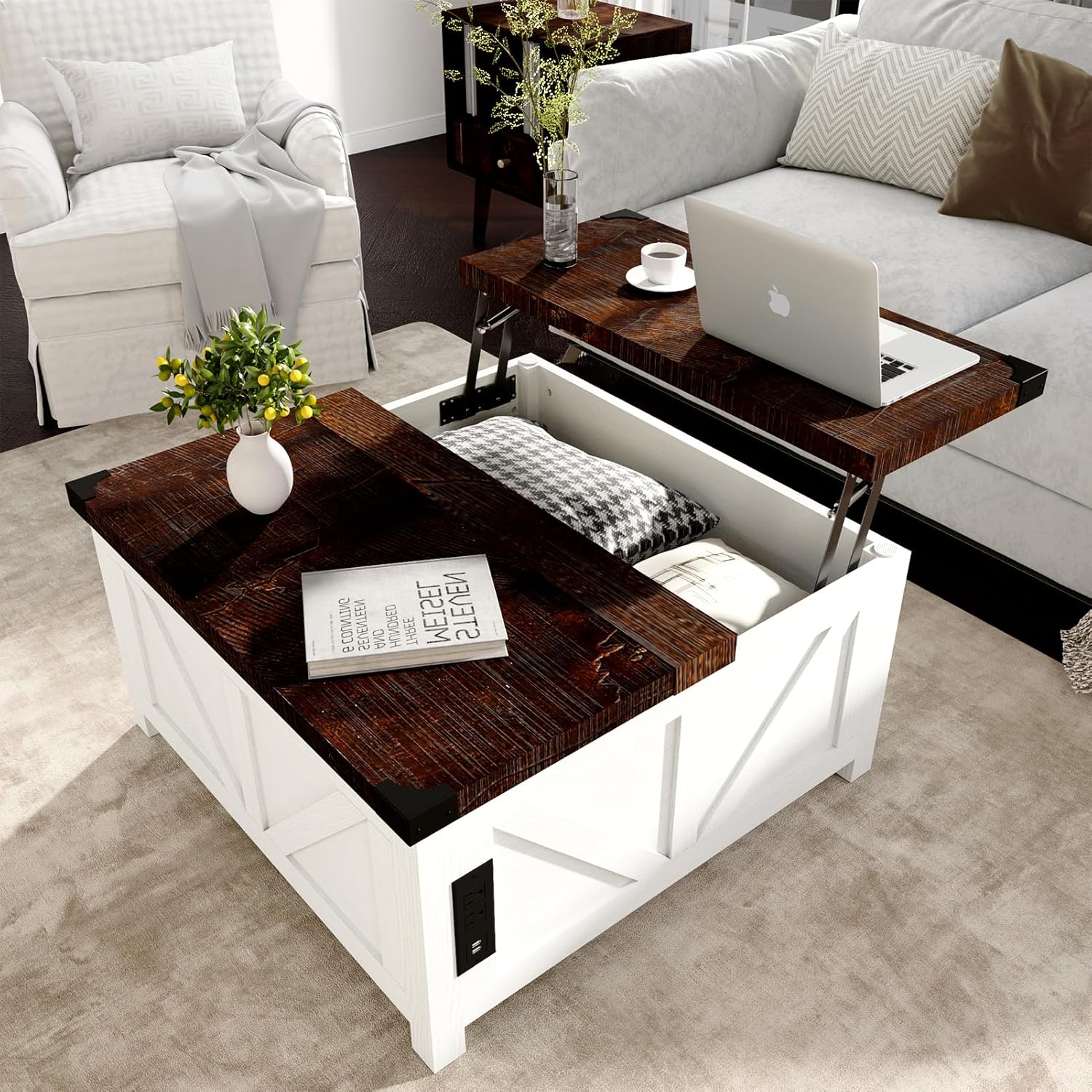 Farmhouse Lift Top Coffee Table with Storage and USB Ports