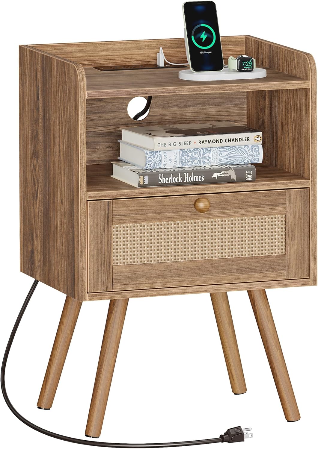 Rattan Nightstand with Charging Station for Modern Bedrooms