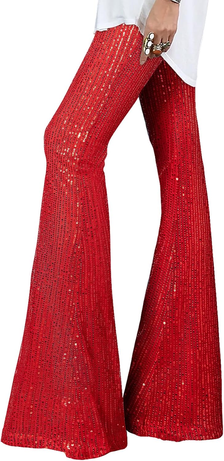 EVALESS Women Sequin Pants Sparkly Glitter Wide Leg Trousers