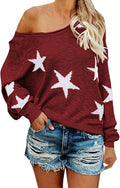COCOLEGGINGS Women's Scoop Neck Long Sleeve Star Pullover Sweater