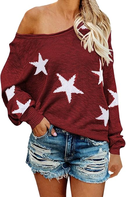 COCOLEGGINGS Women's Scoop Neck Long Sleeve Star Pullover Sweater