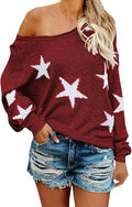 COCOLEGGINGS Women's Long Sleeve Star Pullover Sweater with Scoop Neck
