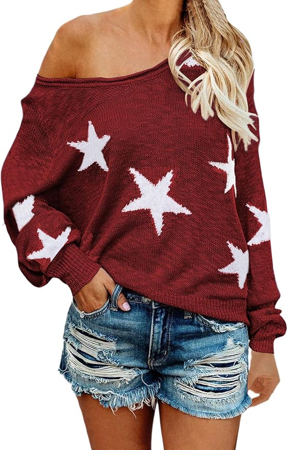 COCOLEGGINGS Women's Scoop Neck Long Sleeve Star Pullover Sweater