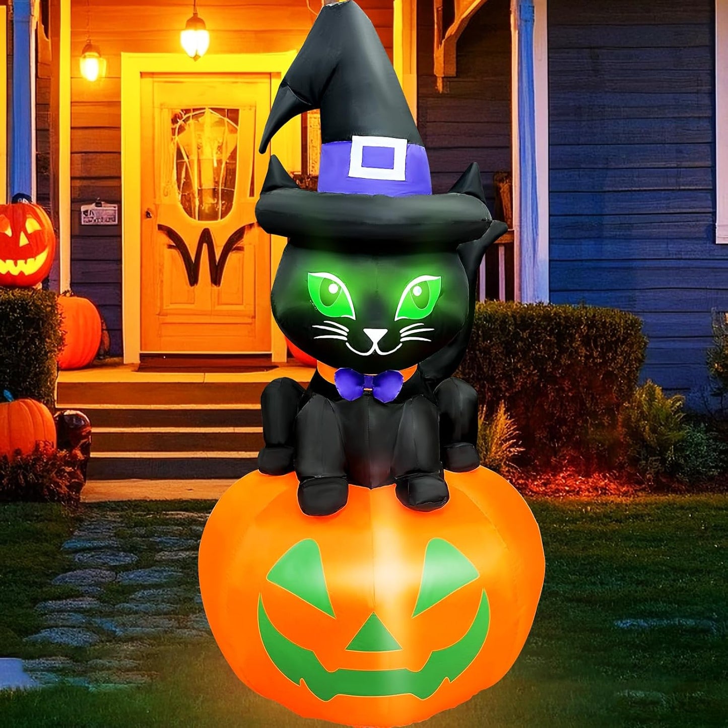 5FT Halloween Cat Inflatable with Witch Hat for Spooky Decor