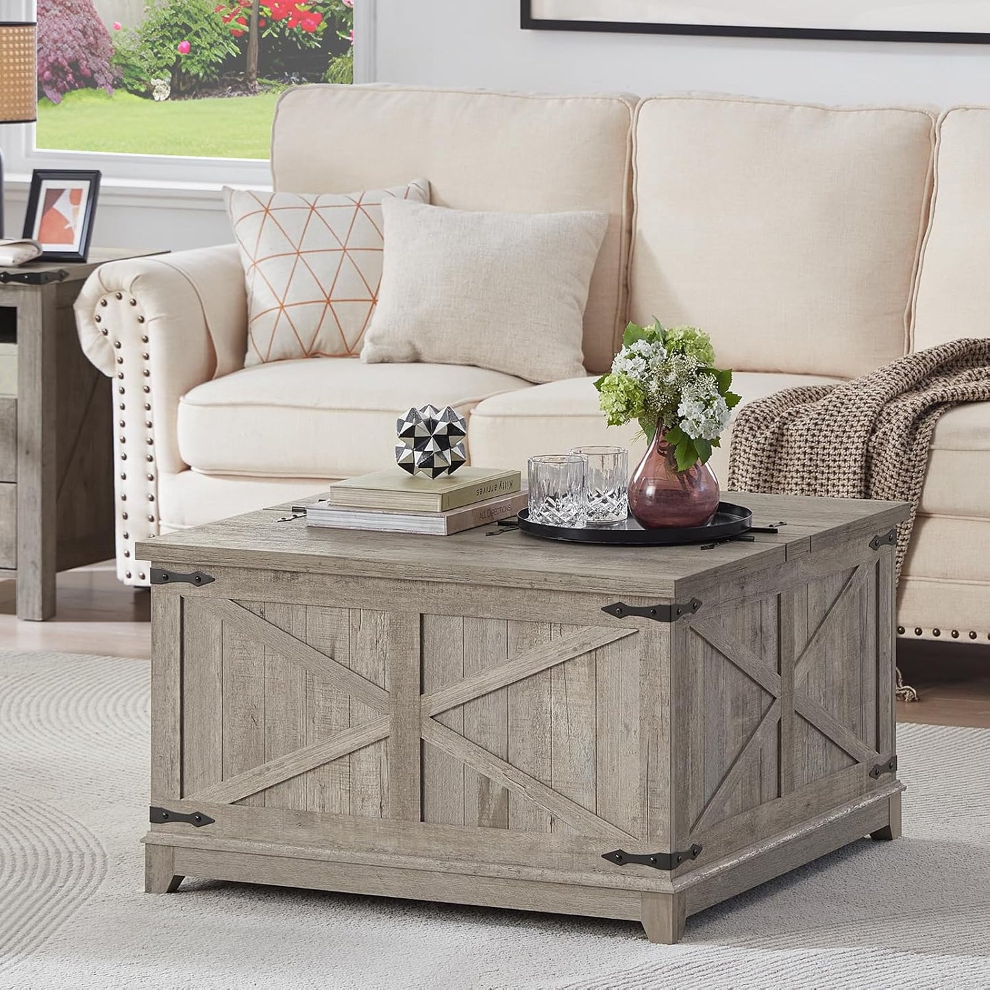 Farmhouse Coffee Table with Hidden Storage Organizer for Living Room