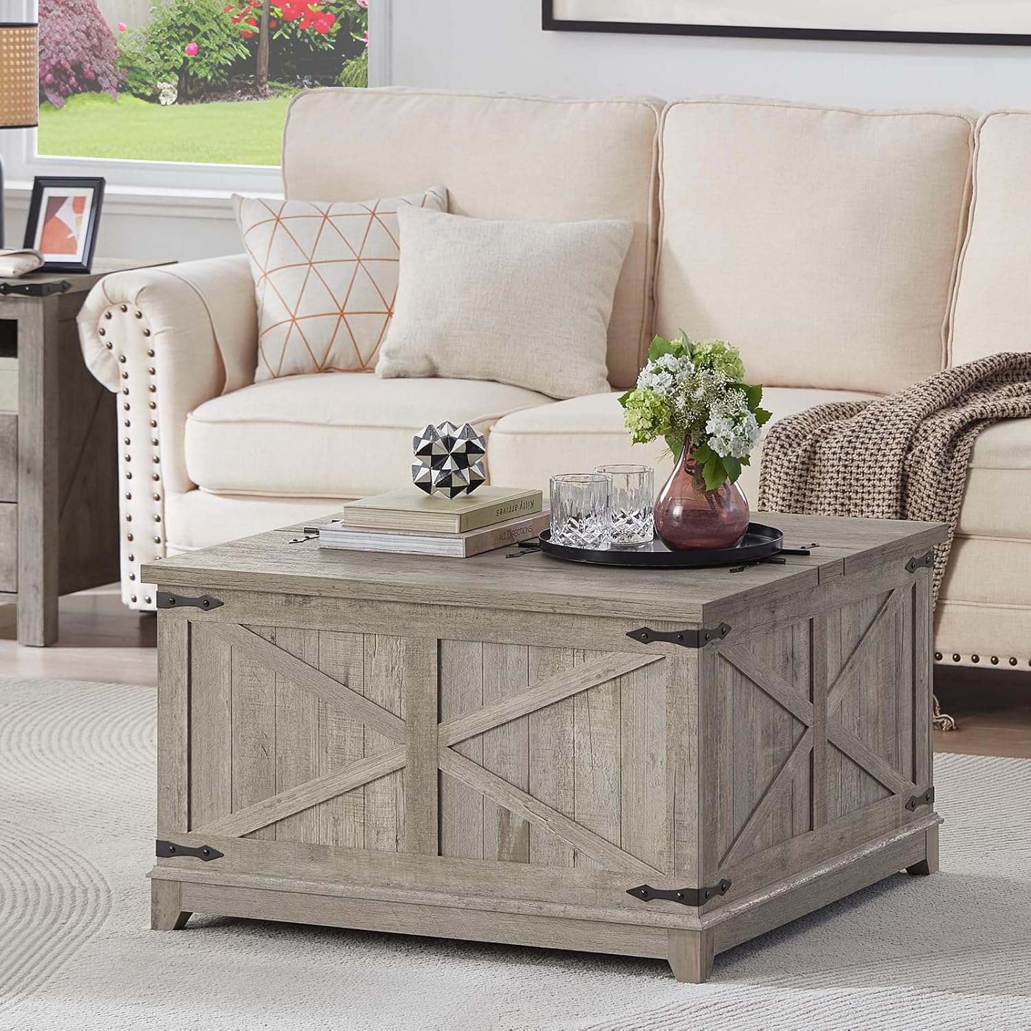 Farmhouse Coffee Table with Hidden Storage Organizer for Living Room
