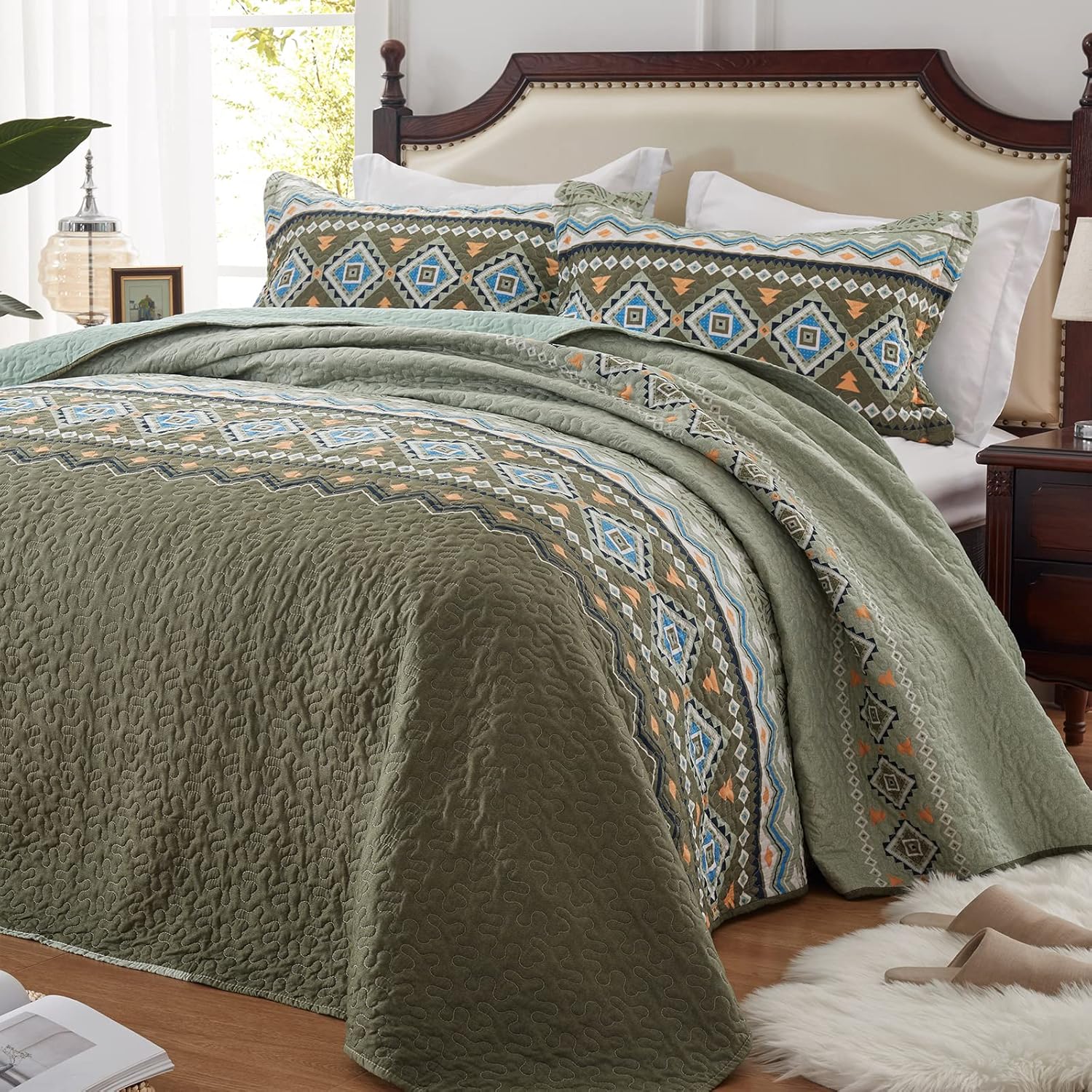 Twin Size Quilt Set Olive Green Bohemian Bedding for All Seasons