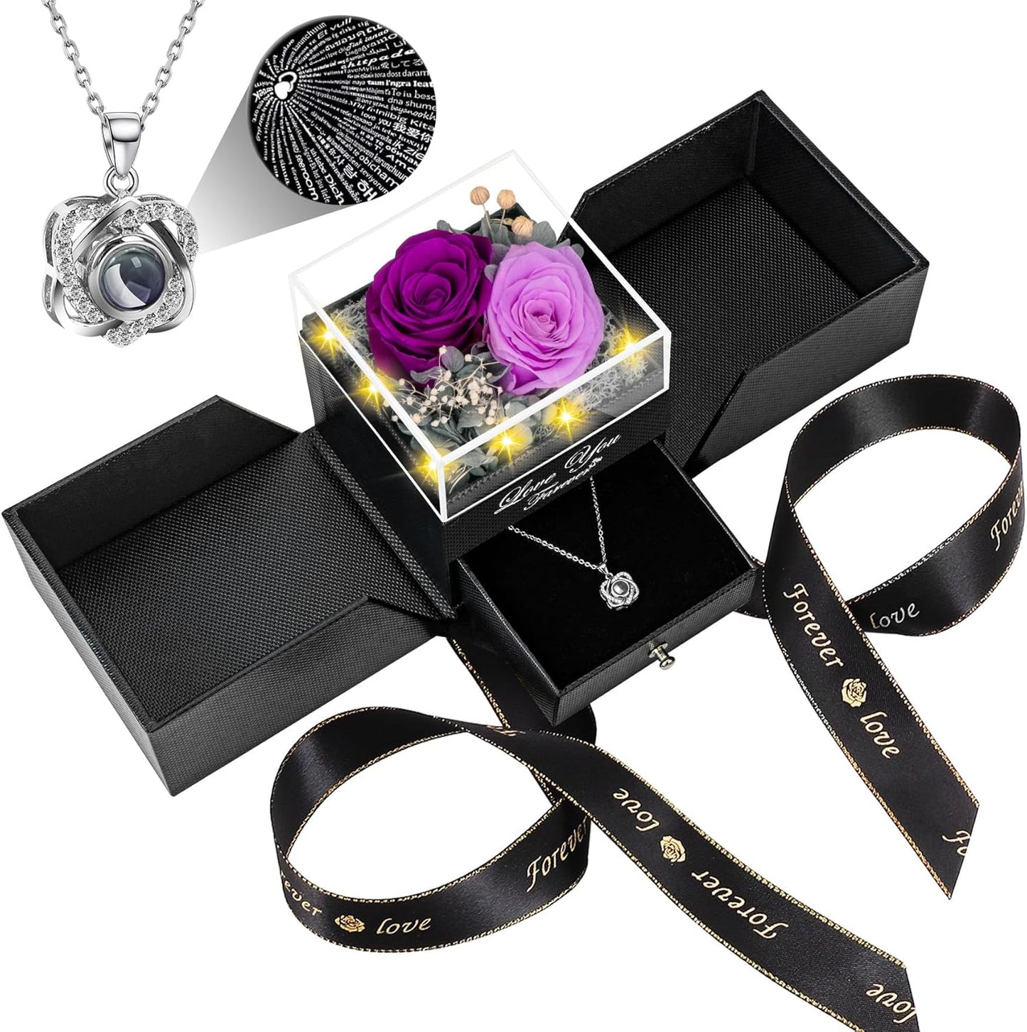 2 Preserved Real Roses with Heart Necklace for Her Gifts