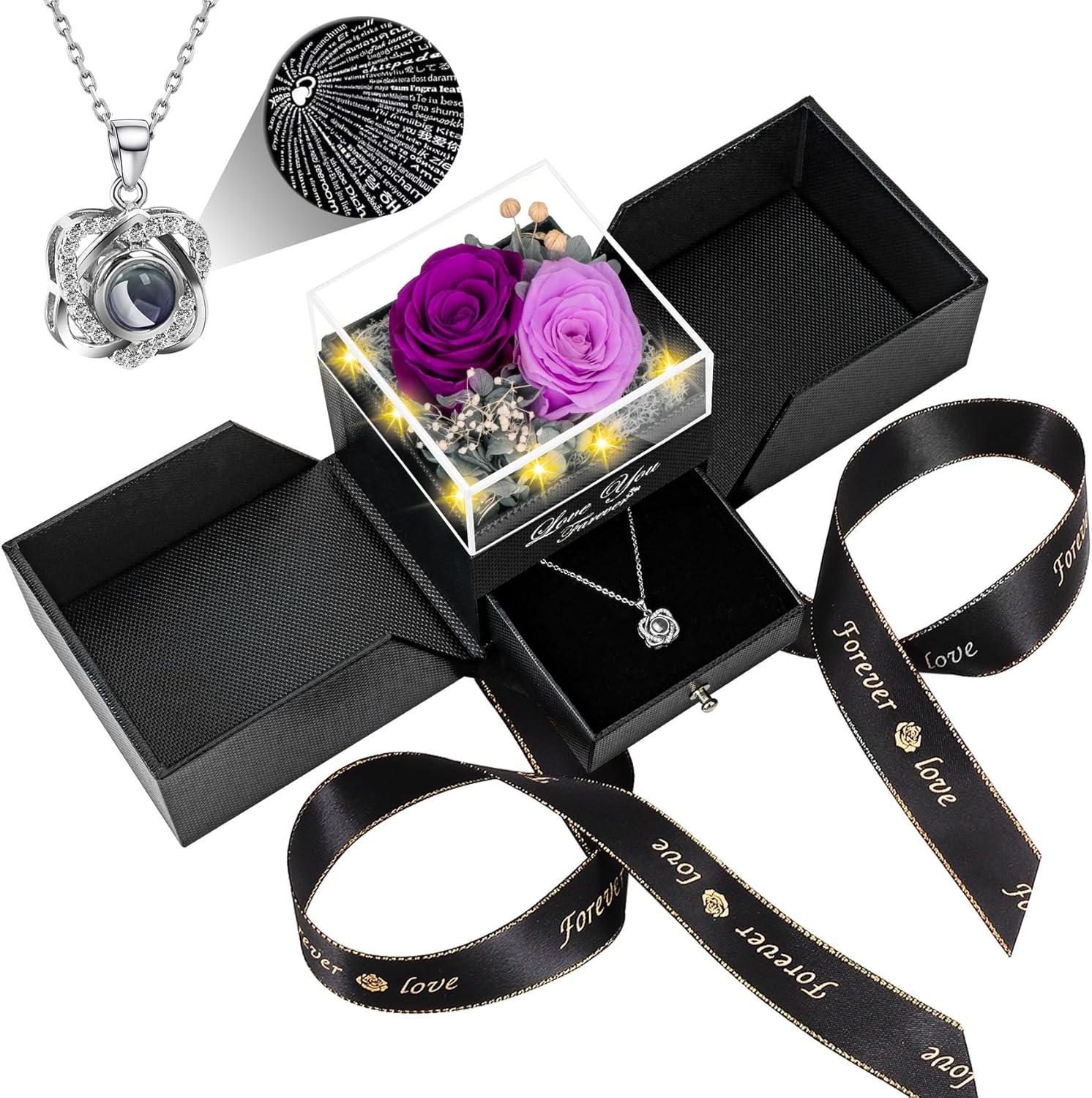 2 Preserved Real Roses with Heart Necklace for Her Gifts