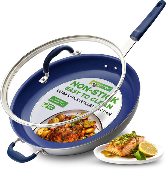 NutriChef 14 Inch Fry Pan with Lid - Nonstick Skillet for Cooking