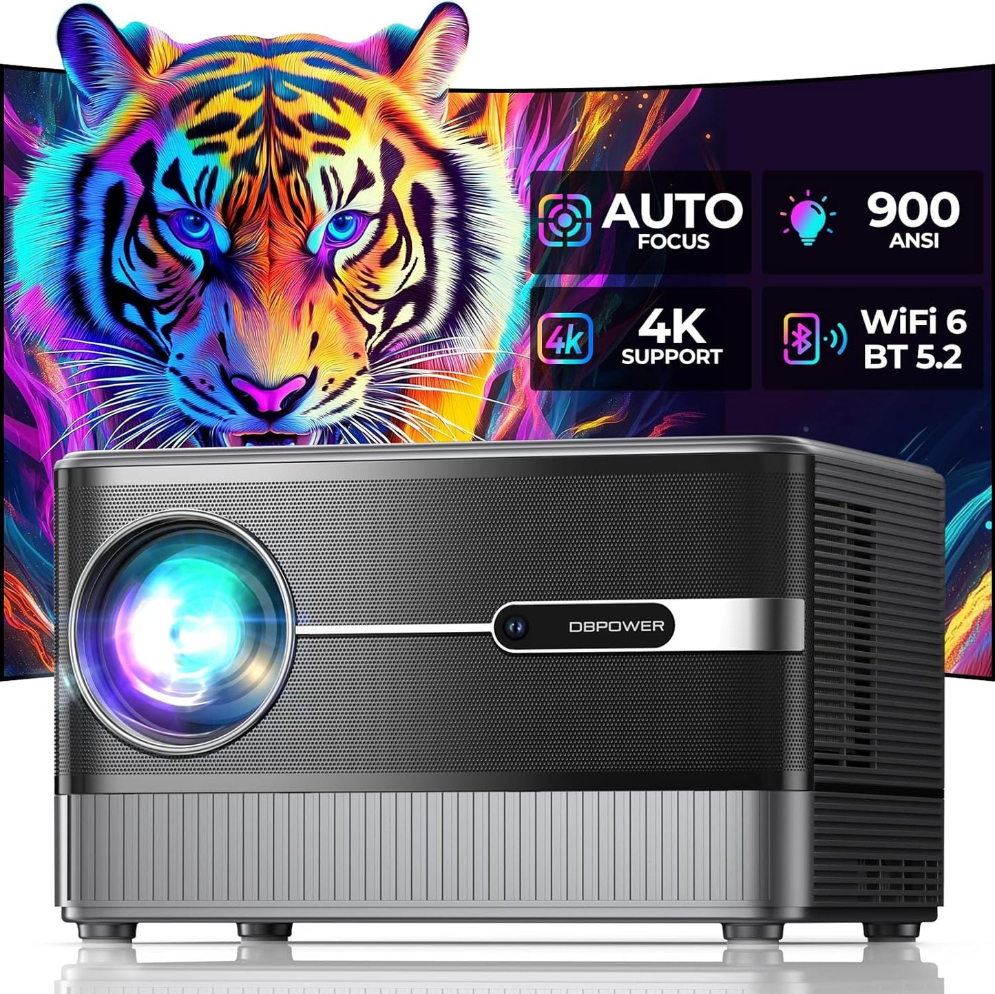 DBPOWER 4K Outdoor Projector: Auto Focus, WiFi 6, Bluetooth