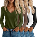 4 Pack Womens V Neck Long Sleeve Casual T Shirts - Loose Fit Soft Tees