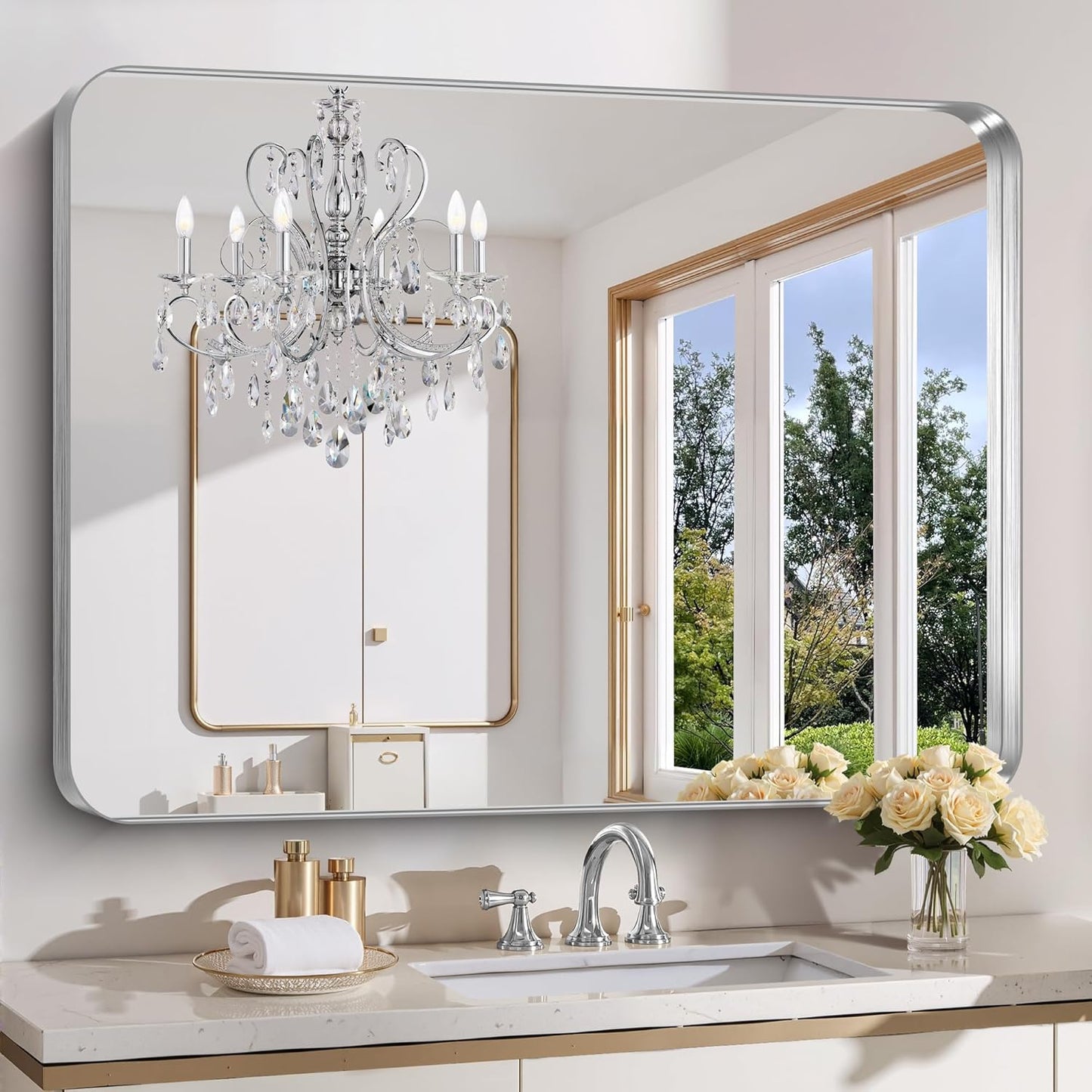 FORBATH 48x36 Inch Bathroom Mirror with Brushed Silver Frame