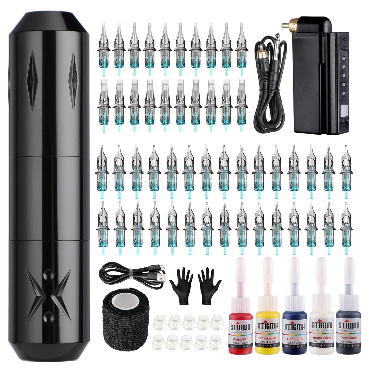 STIGMA Wireless Tattoo Gun Kit with 50pcs Needles and Ink Set
