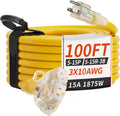 100 FT 10/3 Gauge Outdoor Extension Cord with Multiple Outlets - Heavy