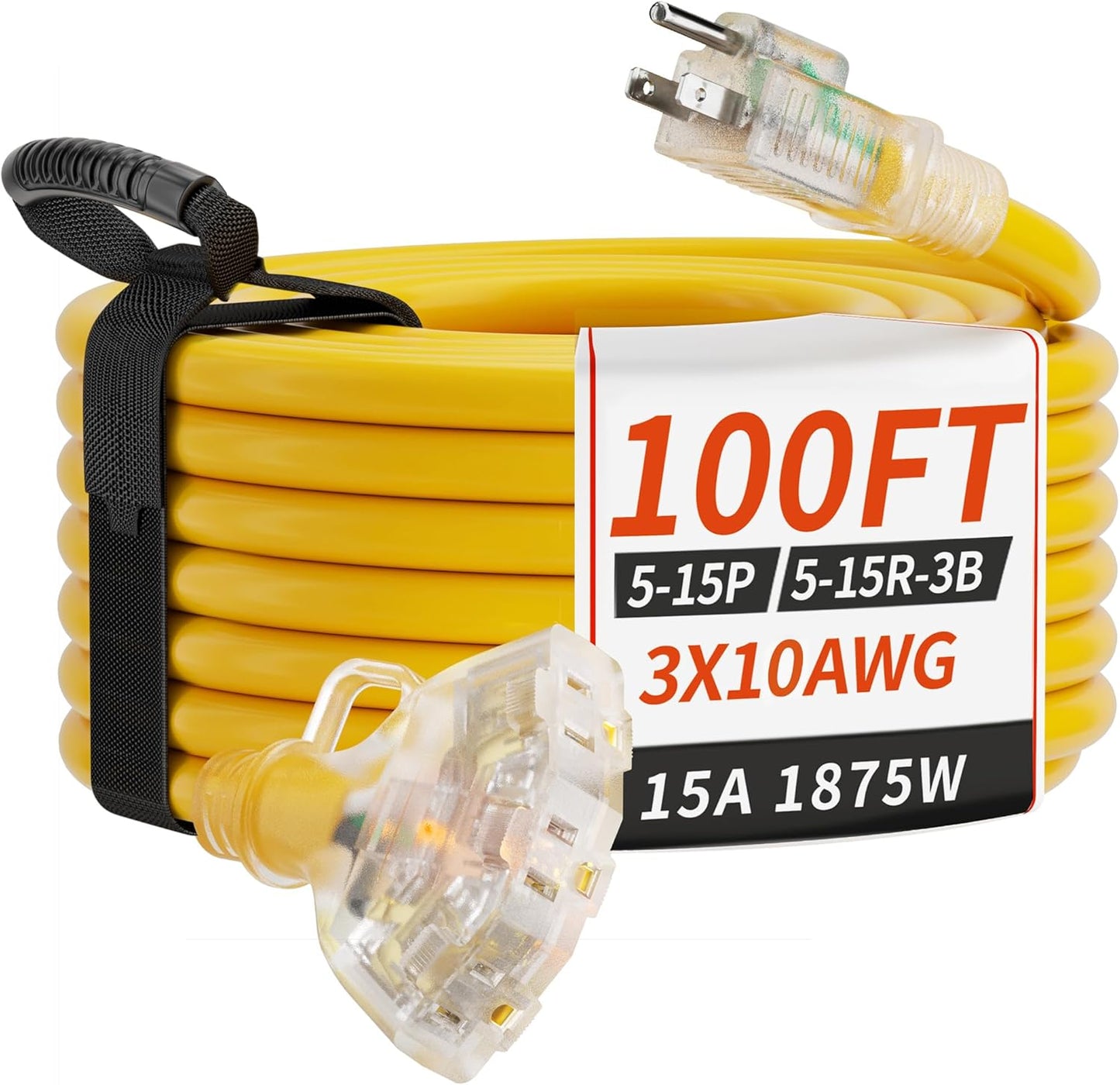 100 FT 10/3 Gauge Outdoor Extension Cord with Multiple Outlets