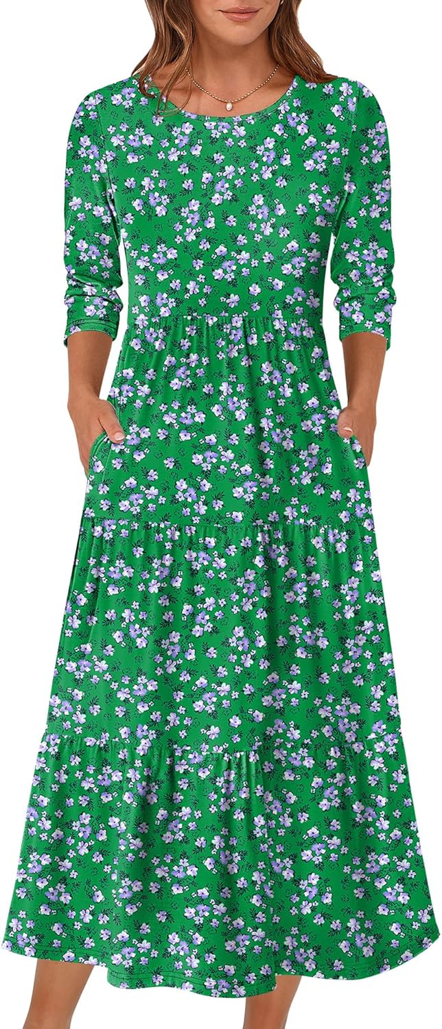 Prinbara Women's 3/4 Sleeve Casual Maxi Floral Dress for Fall