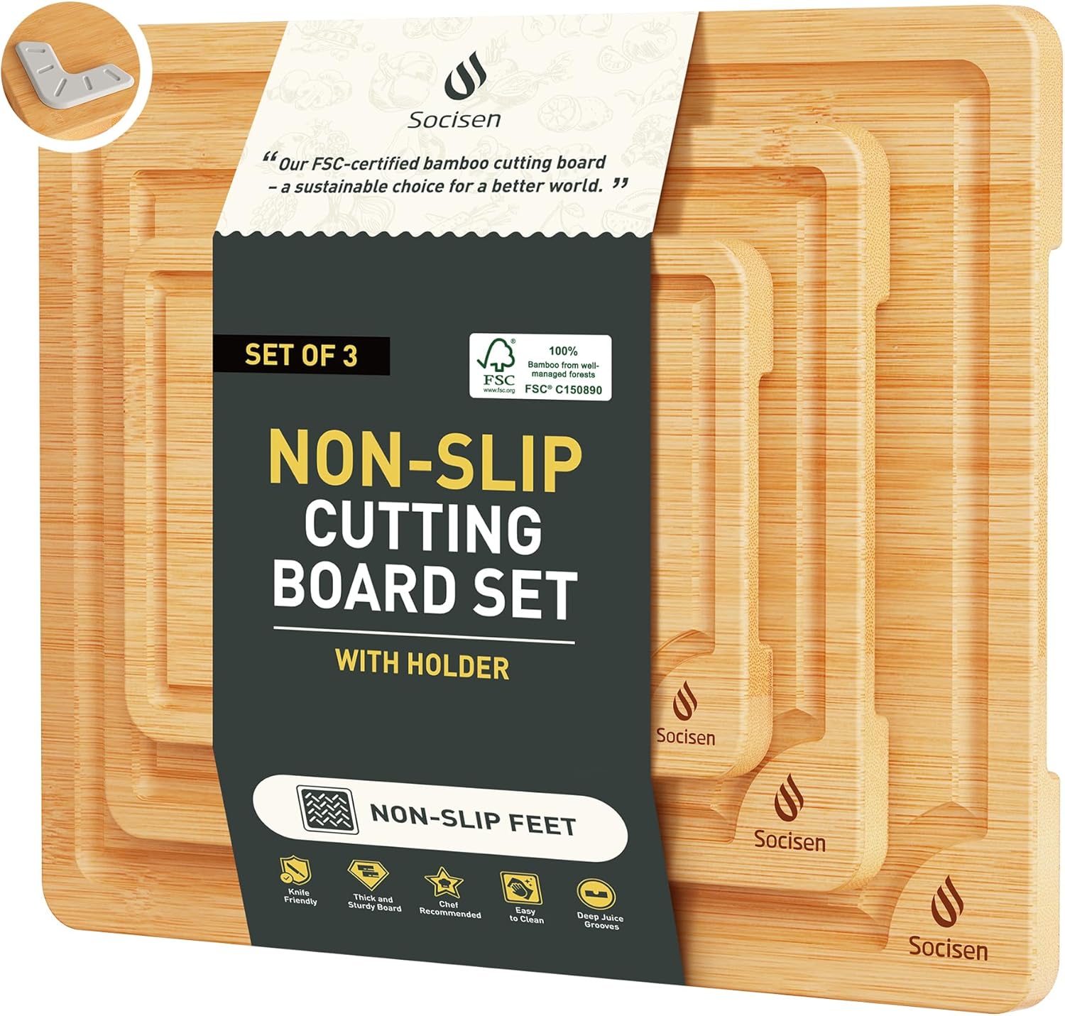 Bamboo Cutting Board Set with Non-Slip Feet for Kitchen Use