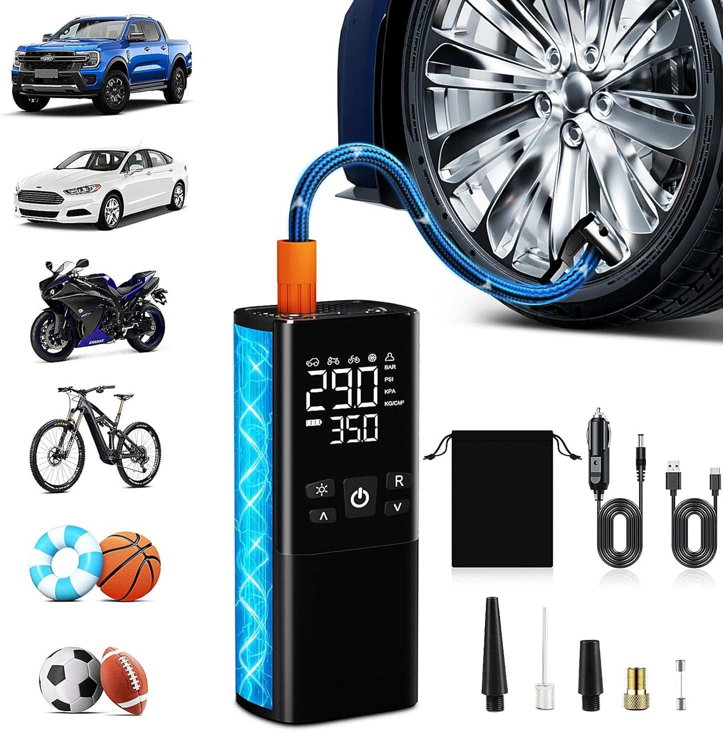 Fast Dual Power Tire Inflator - Auto Shut-Off, LED Light - Evjeal