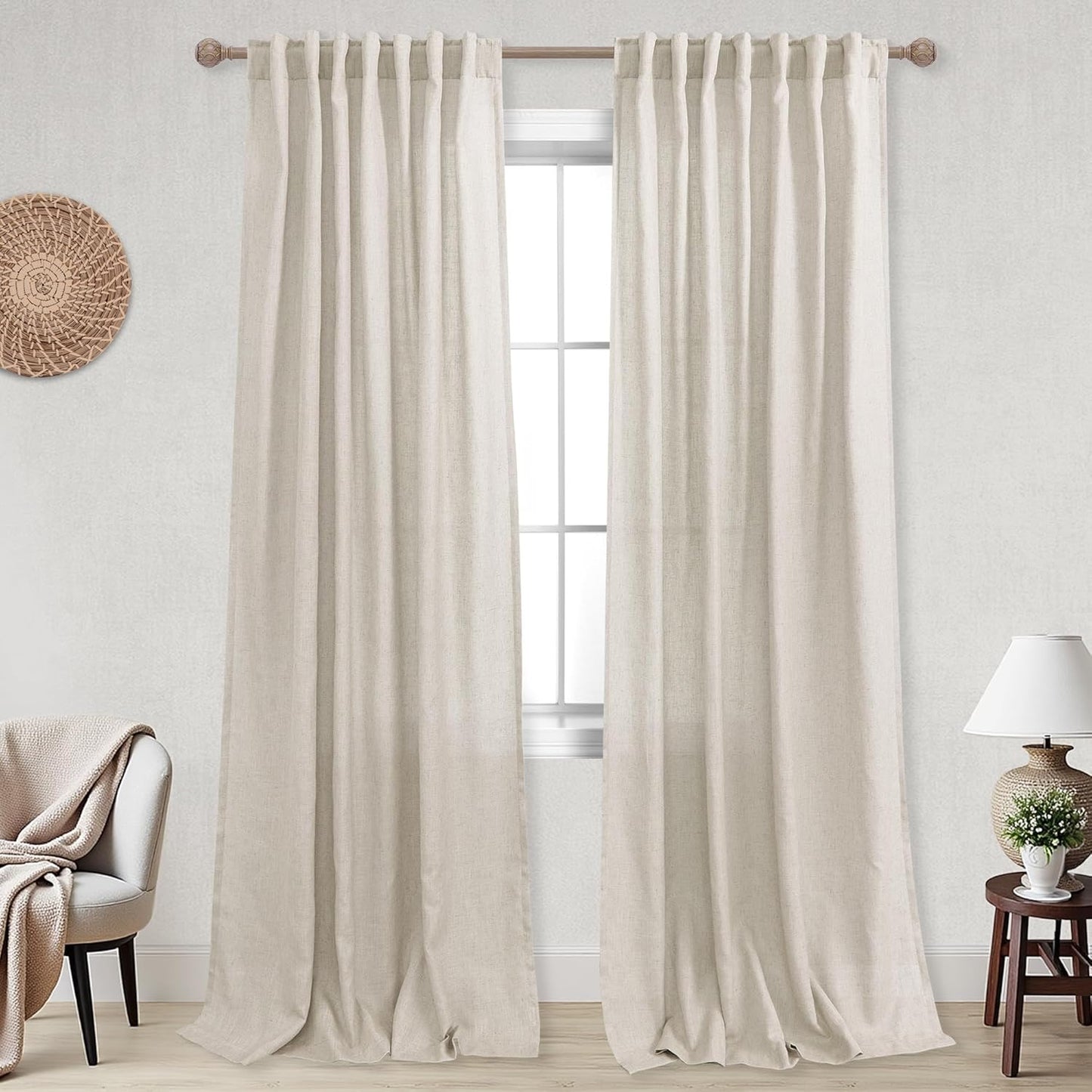 KOUFALL Back Tab Rod Pocket Linen Sheer Curtains for Living Room