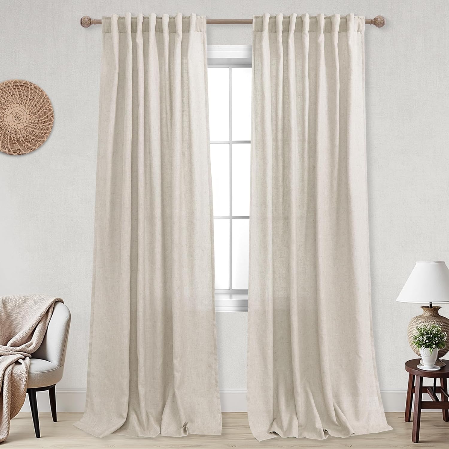 KOUFALL Back Tab Rod Pocket Linen Sheer Curtains for Living Room