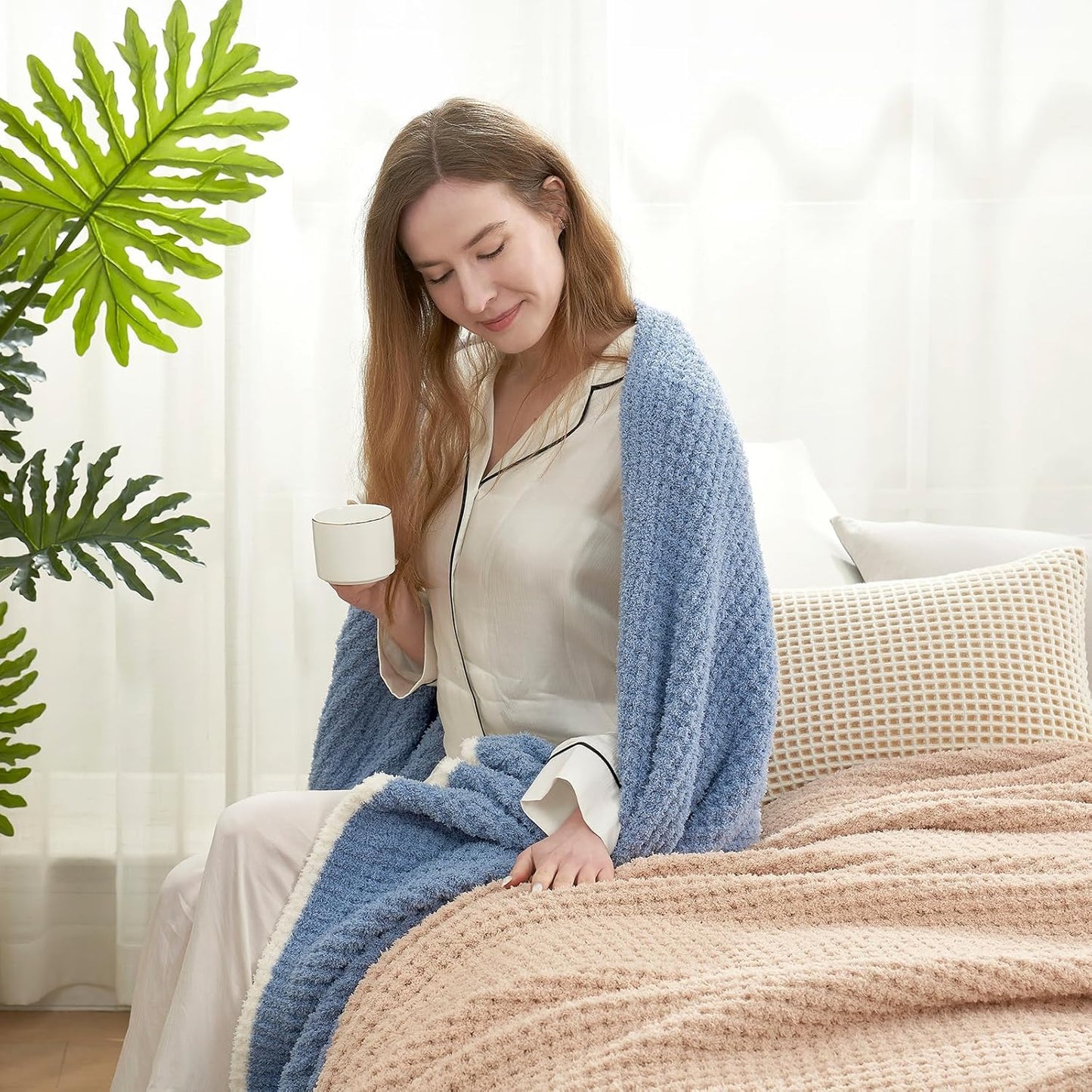 Snuggle Sac Blue Waffle Throw Blanket for Cozy Comfort