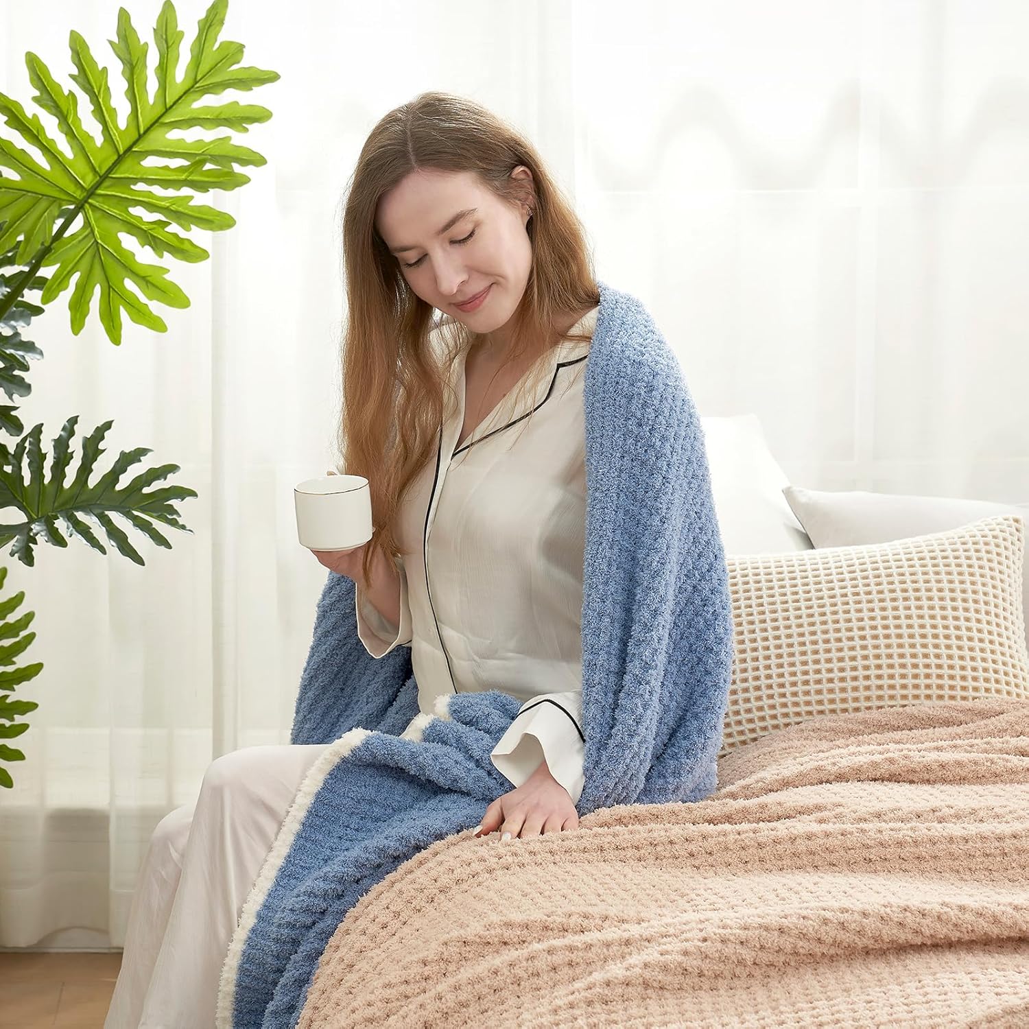 Snuggle Sac Blue Waffle Throw Blanket for Cozy Comfort