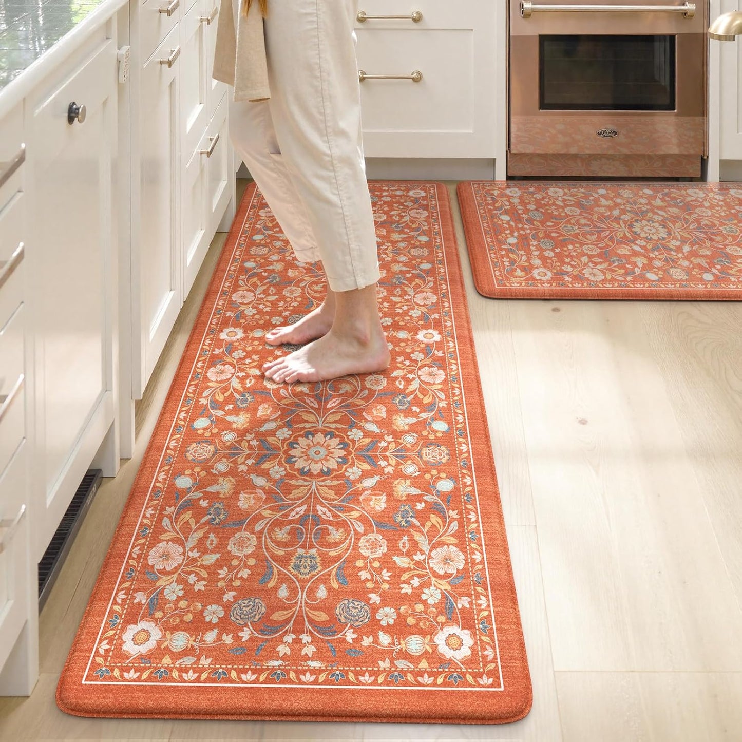 KIMODE Anti Fatigue Mat Set for Kitchen Floor with Vintage Floral