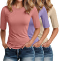 Elbow Length Tee Shirts for Women 3 Pack - Slim Fit Cotton Basics 1/2