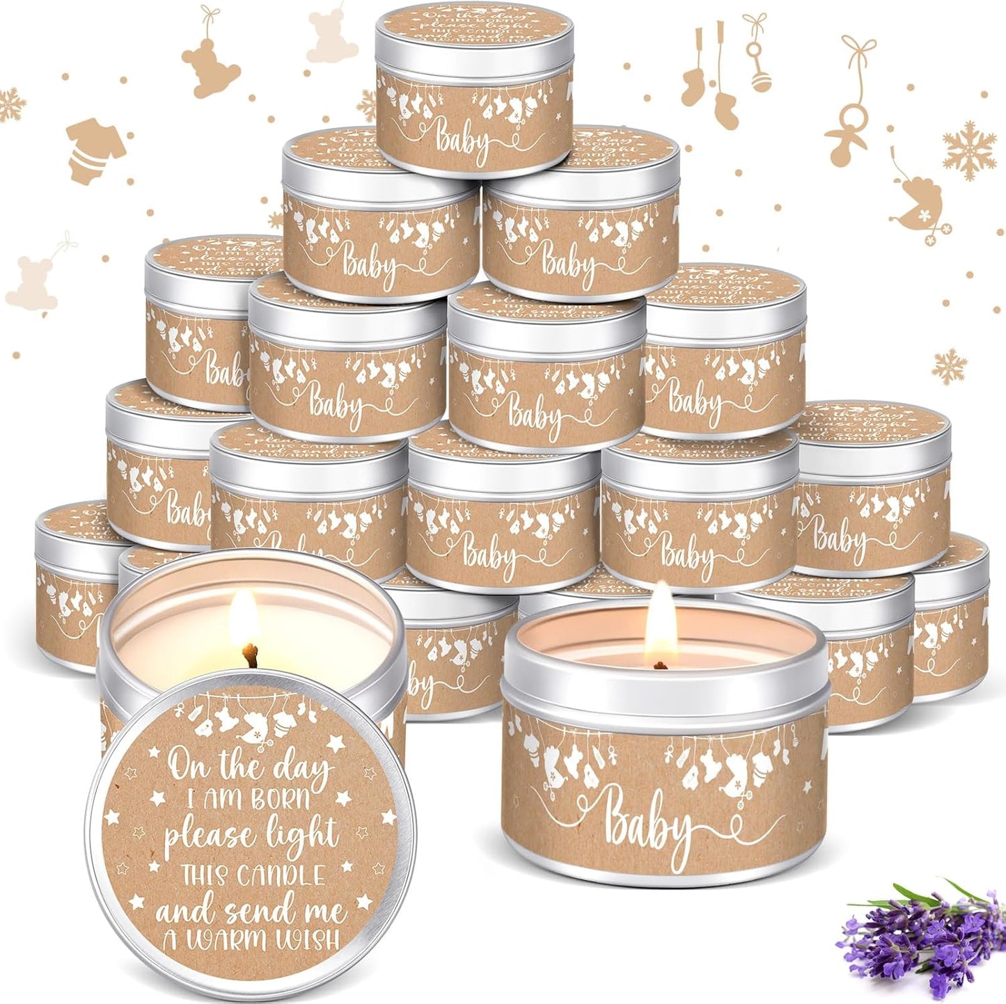 Lavender Scented Baby Shower Favors - 24 Pcs Rustic Candles