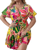 Floerns Women's Plus Size Wrap V Neck Short Sleeve Ruffle Hem Dress
