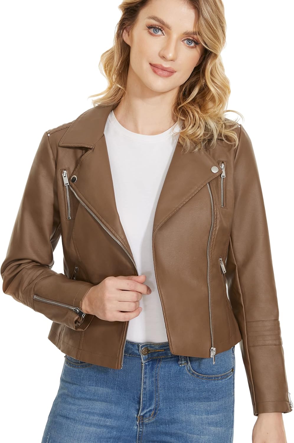 Fahsyee Faux Leather Jacket for Women - Stylish Vegan Moto Coat