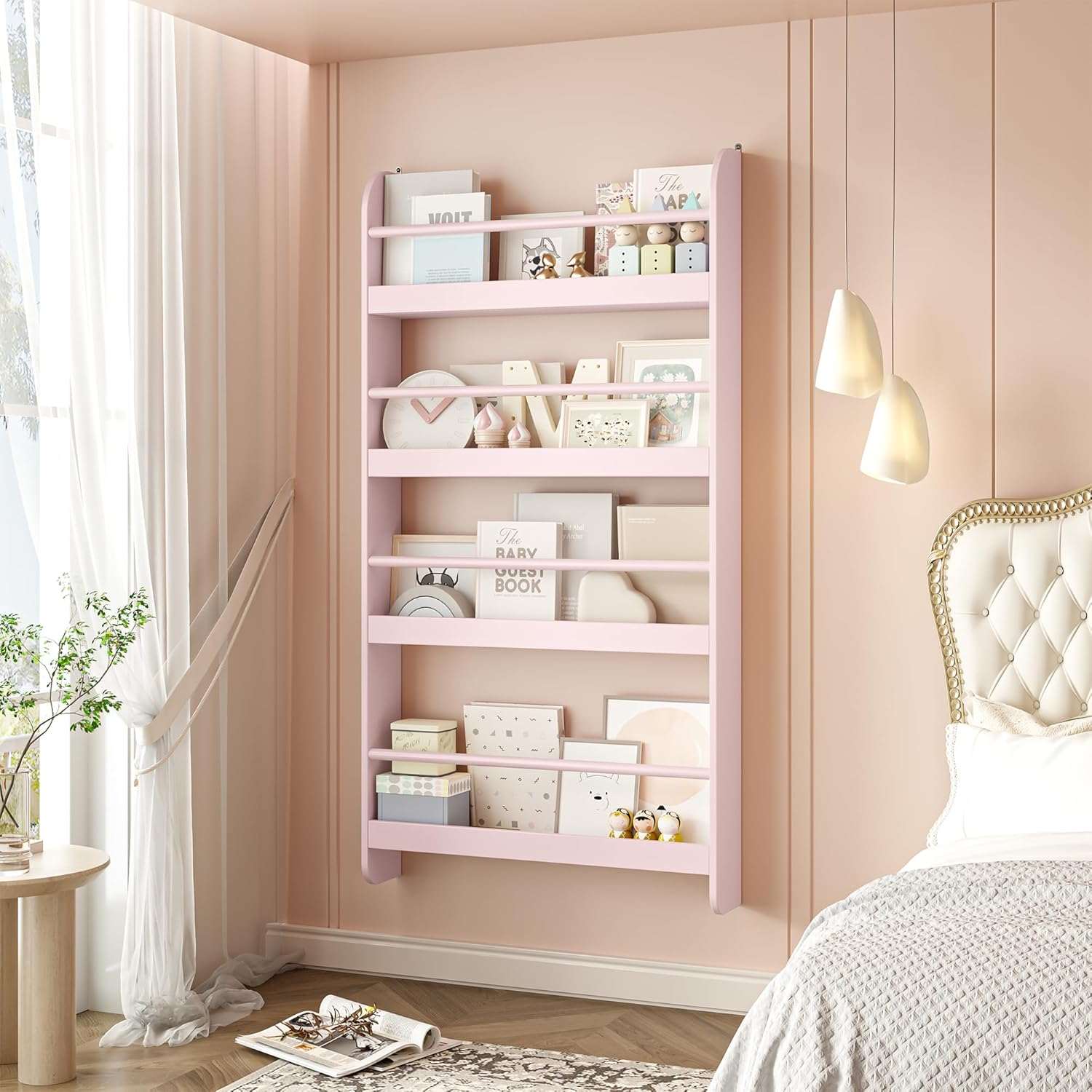 FOTOSOK Kids Bookshelf - Wall Mount 4-Tier Organizer for Toys